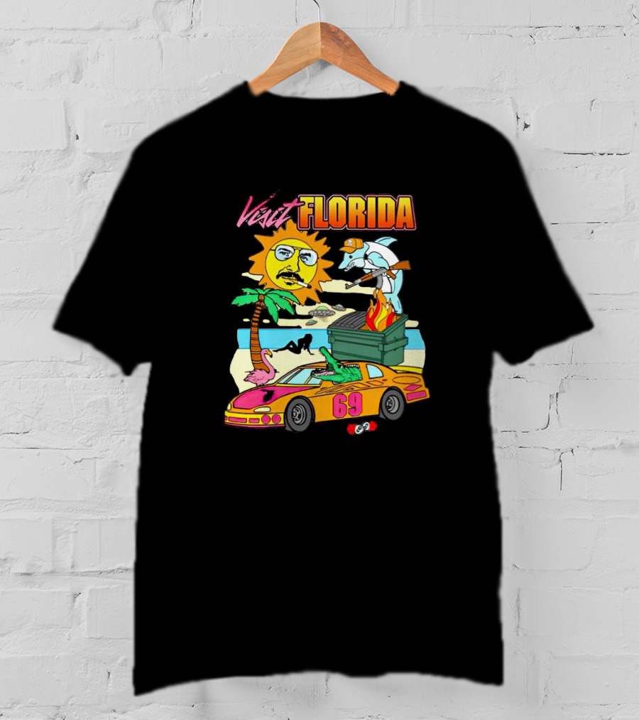 Visit Florida Beach Car Alligator Sun Dolphin Racing Fun T-Shirt