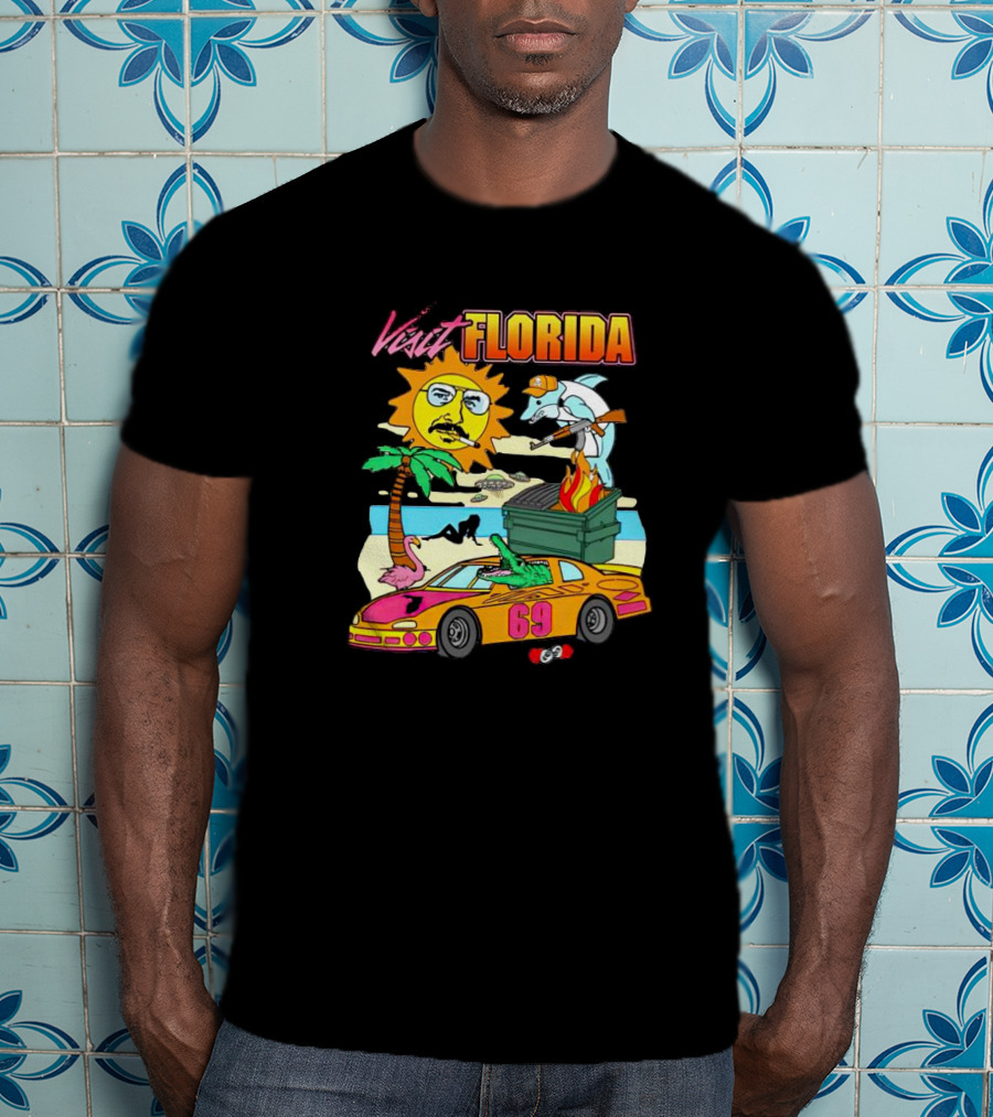Visit Florida Beach Car Alligator Sun Dolphin Racing Fun T-Shirt