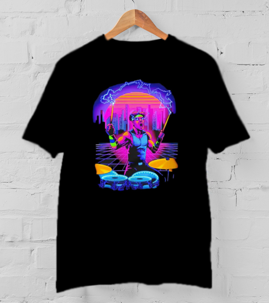 Drumatron Neon City Electric Drummer In Retro Futuristic Skyline T-Shirt