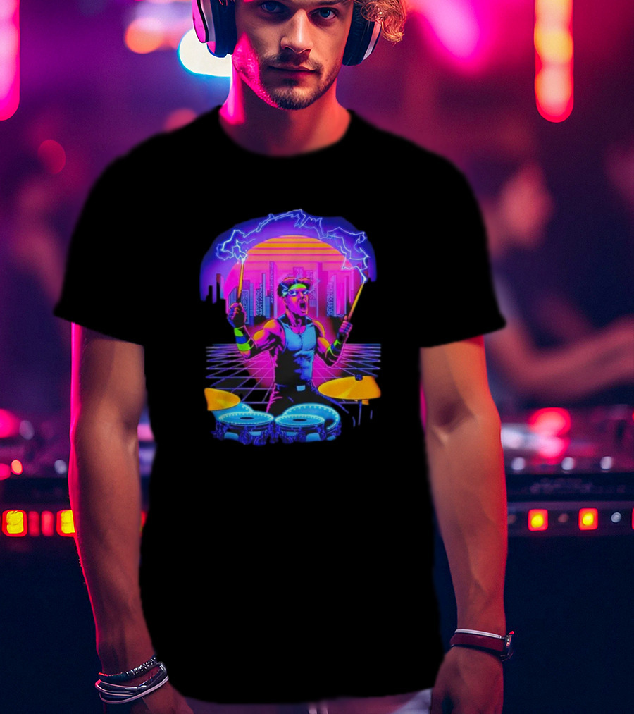 Drumatron Neon City Electric Drummer In Retro Futuristic Skyline T-Shirt