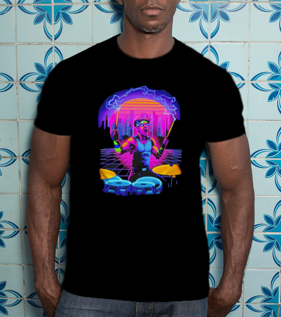 Drumatron Neon City Electric Drummer In Retro Futuristic Skyline T-Shirt