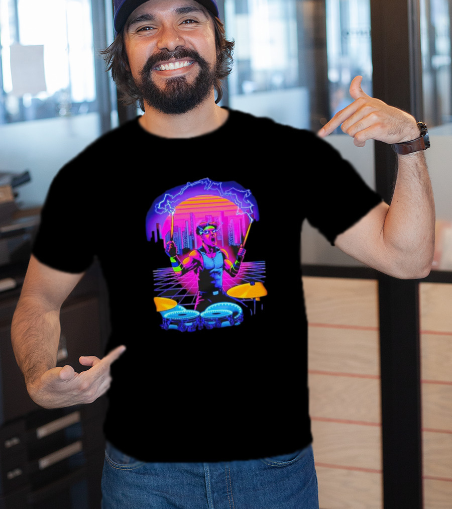 Drumatron Neon City Electric Drummer In Retro Futuristic Skyline T-Shirt