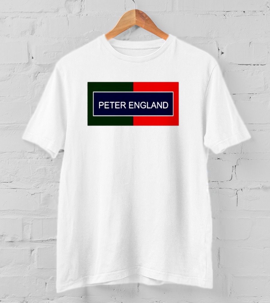 PETER ENGLAND Black Background Rectangular Logo With Green And Red Blocks T-Shirt