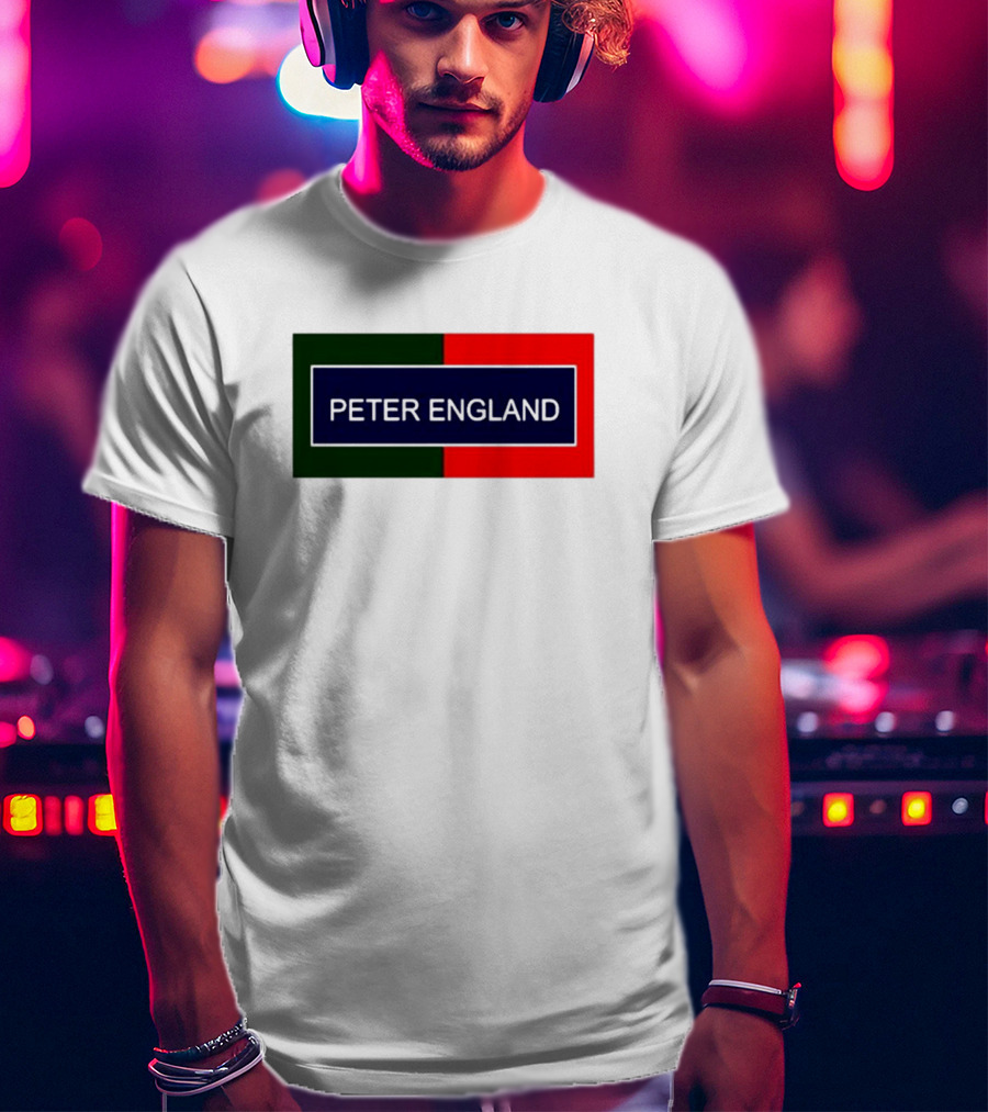PETER ENGLAND Black Background Rectangular Logo With Green And Red Blocks T-Shirt
