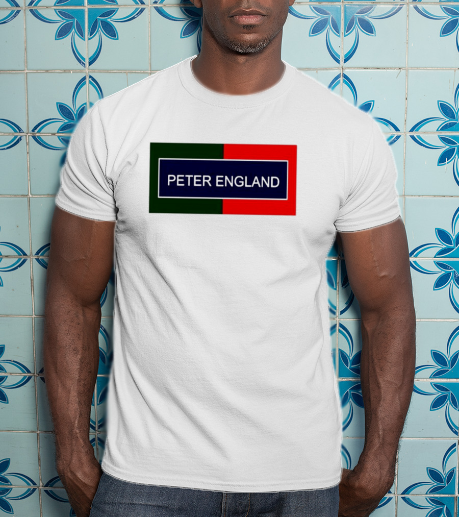PETER ENGLAND Black Background Rectangular Logo With Green And Red Blocks T-Shirt