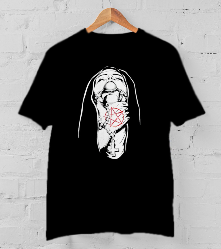 Nun In Chains With Rosary And Red Pentagram T-Shirt