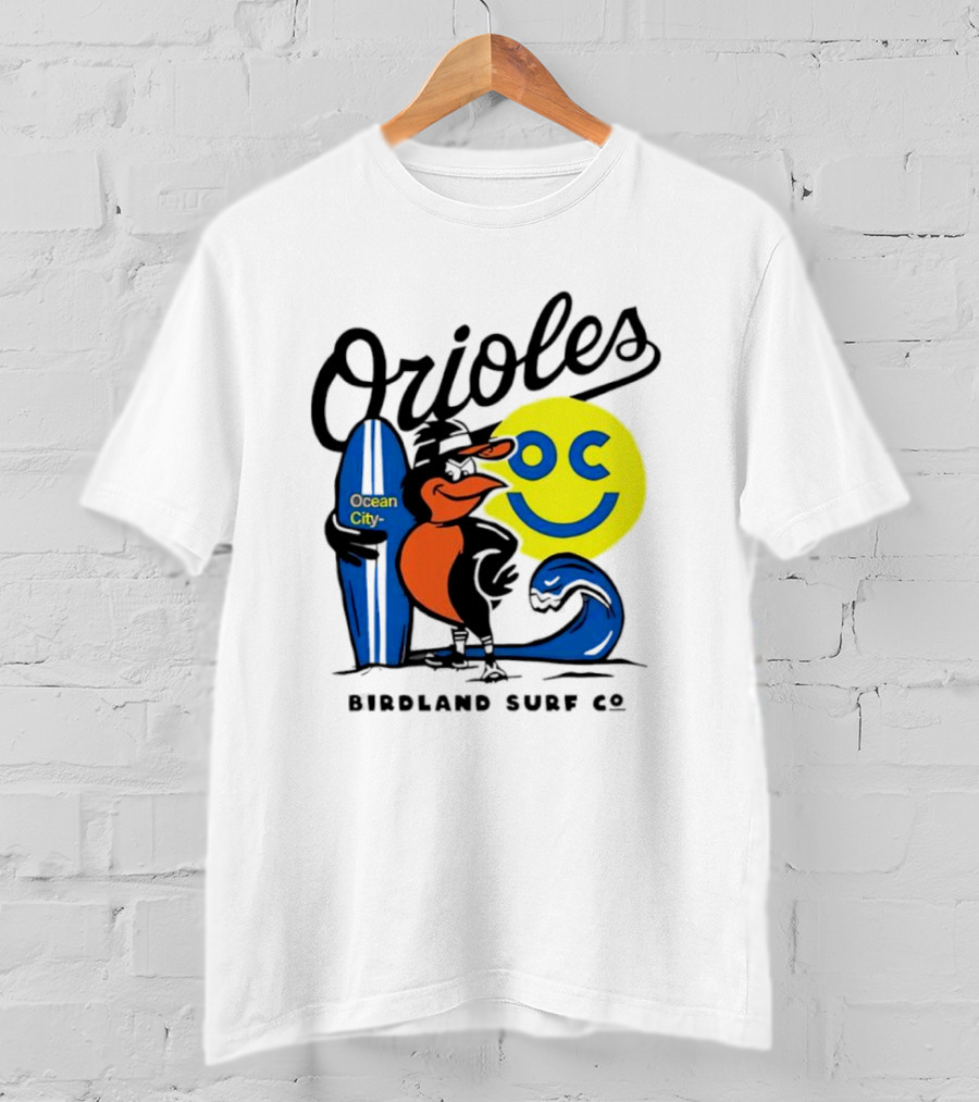 Orioles Ocean City Birdland Surf Co Smiley Surfboard Wave T-Shirt