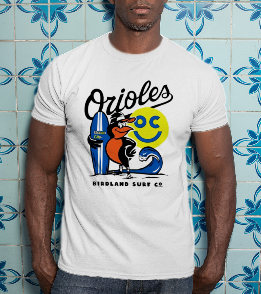 Orioles Ocean City Birdland Surf Co Smiley Surfboard Wave T-Shirt