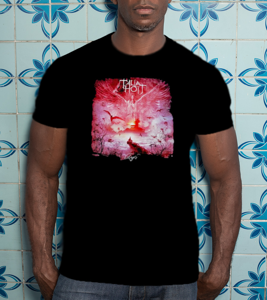 Talia Hoit Angel Red Winged Figure With Birds And Sunset T-Shirt