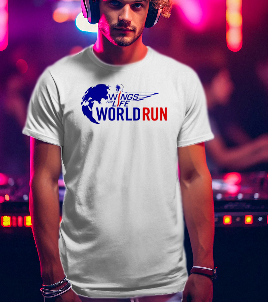 Wings For Life World Run Blue And Red Globe And Wings T-Shirt