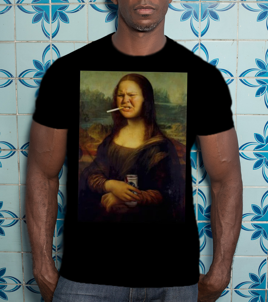 Tammy Mona Lisa Smoking Cigarette Holding Beer Can T-Shirt