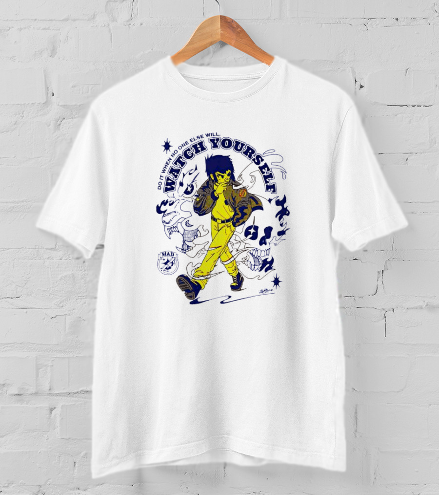 Watch Yourself Do It When No One Else Will Retro Style Blue And Yellow Walking Character T-Shirt