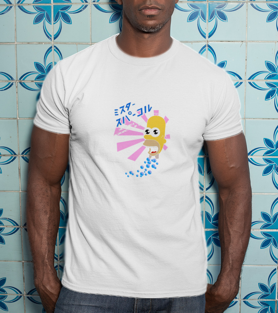 Mr. Sparkle Simpsons Japanese Typography Homer Head Pink Beams Blue Bubbles T-Shirt