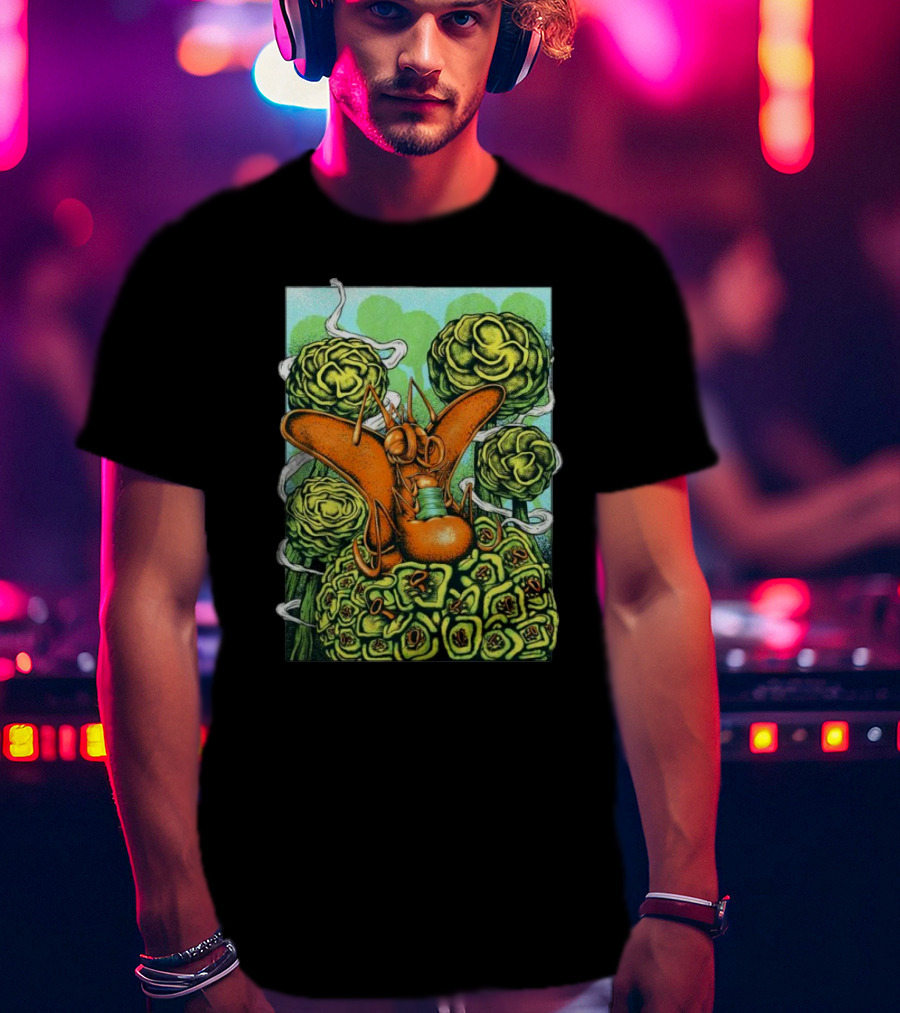 Chill Fly On Vibrant Green Floral Background T-Shirt