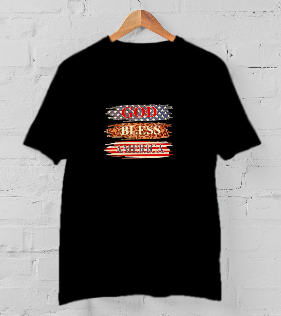 God Bless America Stars Stripes Leopard Print T-Shirt