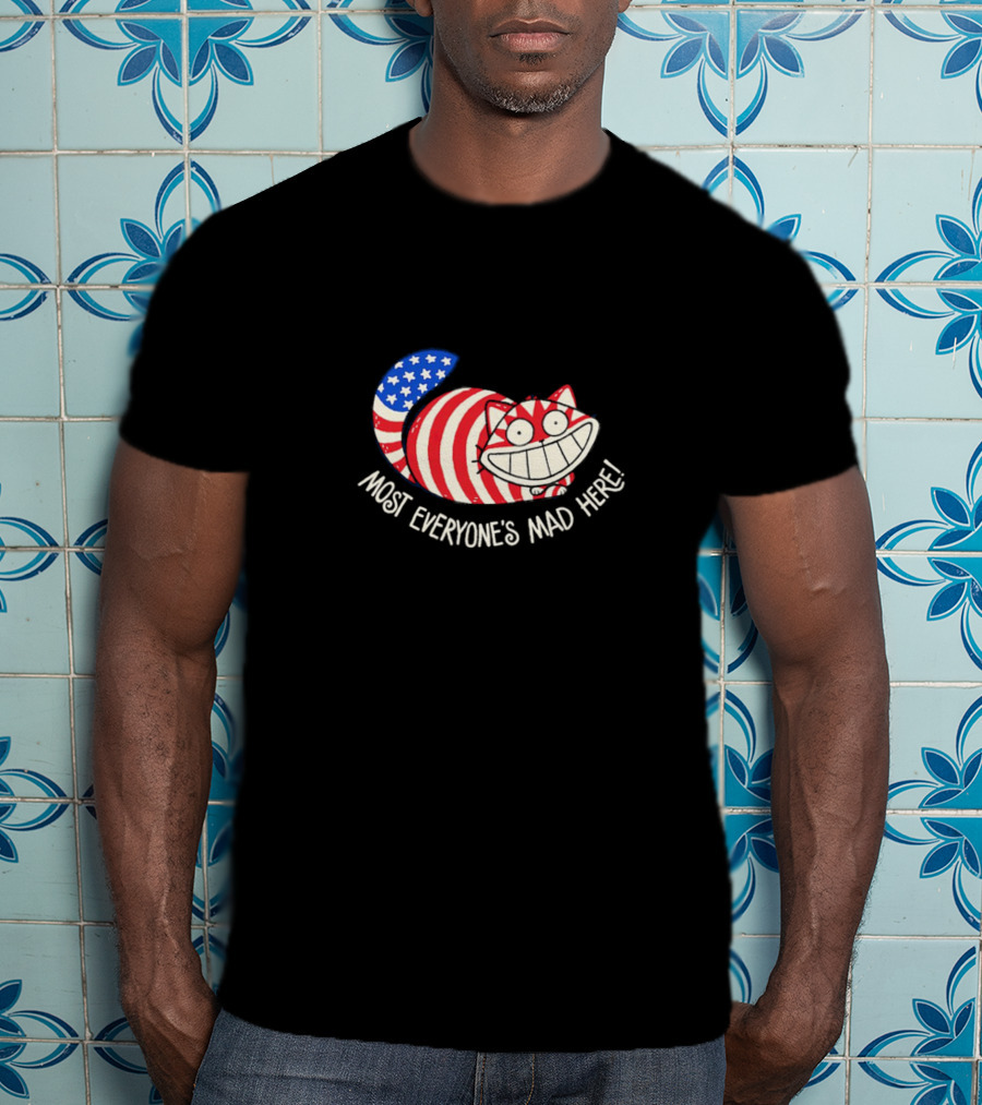 Muricat Most Everyone's Mad Here Cheshire Cat American Flag Stripes T-Shirt