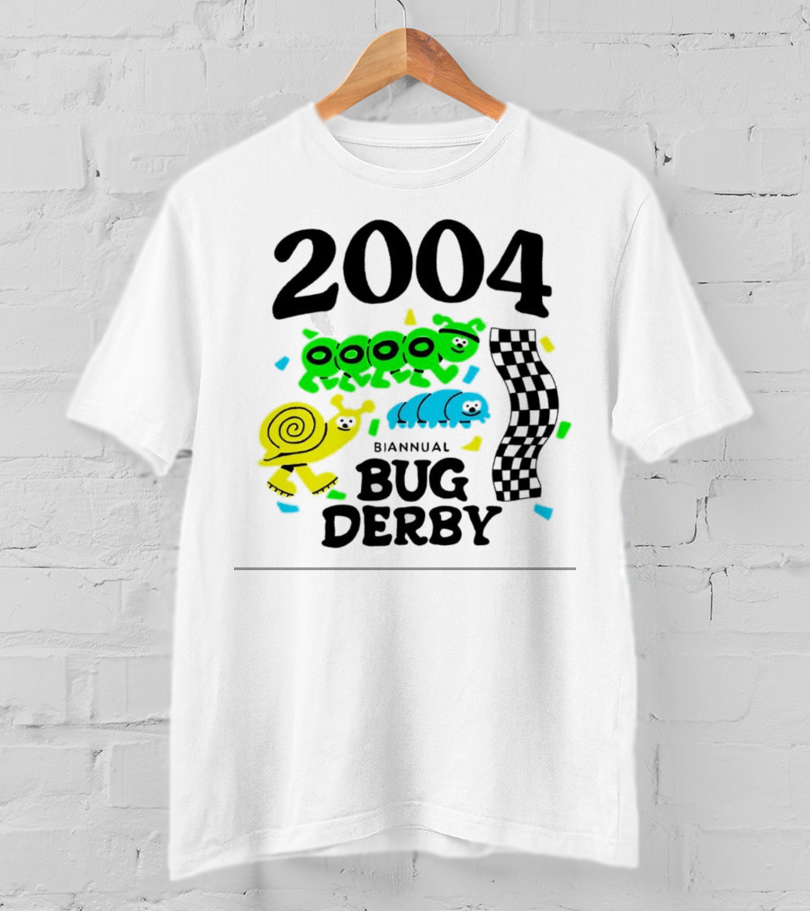 2004 Biannual Bug Derby Colorful Cartoon Caterpillars With Checkered Flag T-Shirt