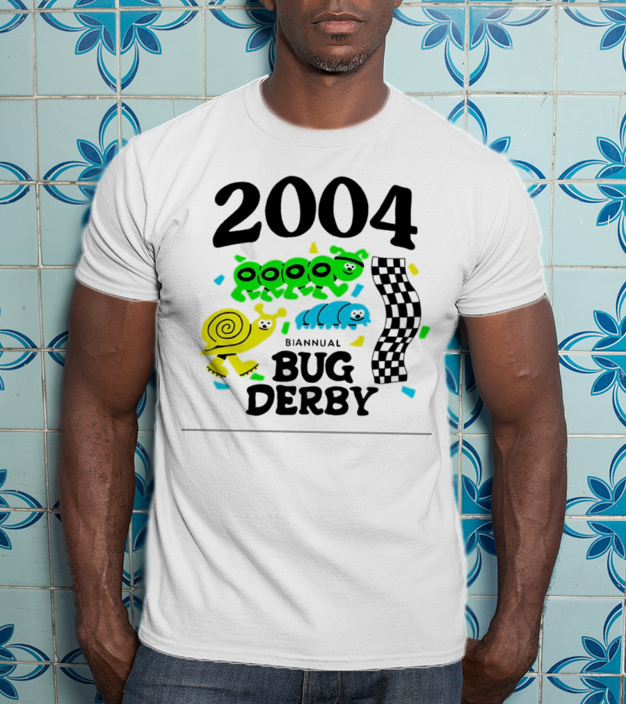 2004 Biannual Bug Derby Colorful Cartoon Caterpillars With Checkered Flag T-Shirt