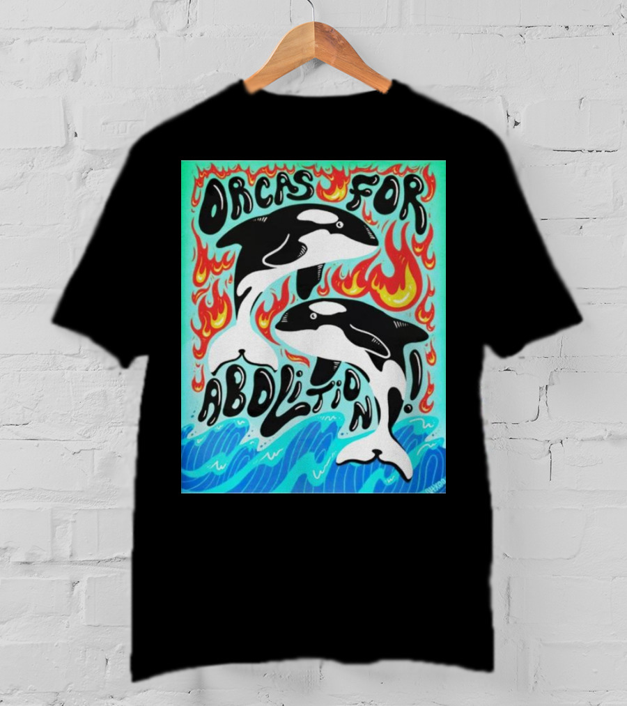 Orcas For Abolition Ocean Waves And Flames T-Shirt