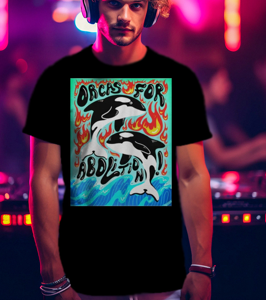 Orcas For Abolition Ocean Waves And Flames T-Shirt