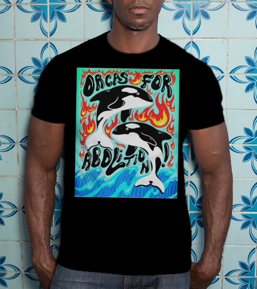 Orcas For Abolition Ocean Waves And Flames T-Shirt