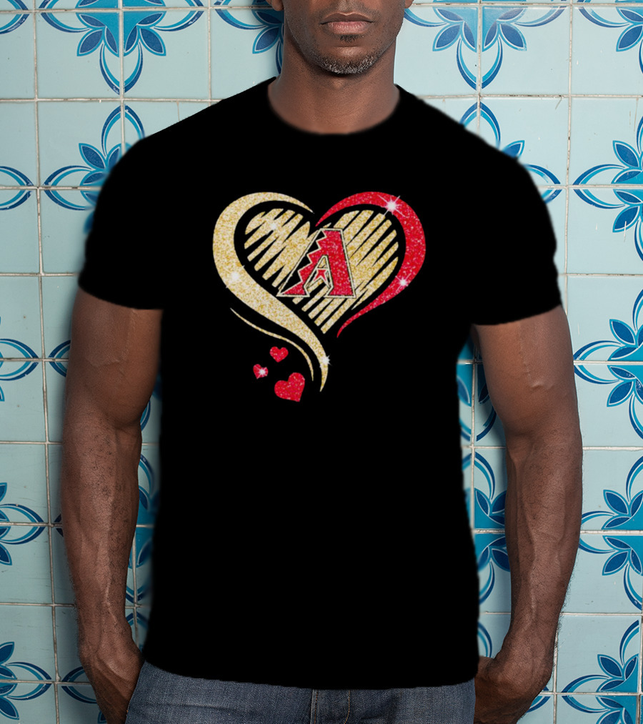 Arizona Diamondbacks Glitter Heart Design With Team Logo In Gold And Red T-Shirt