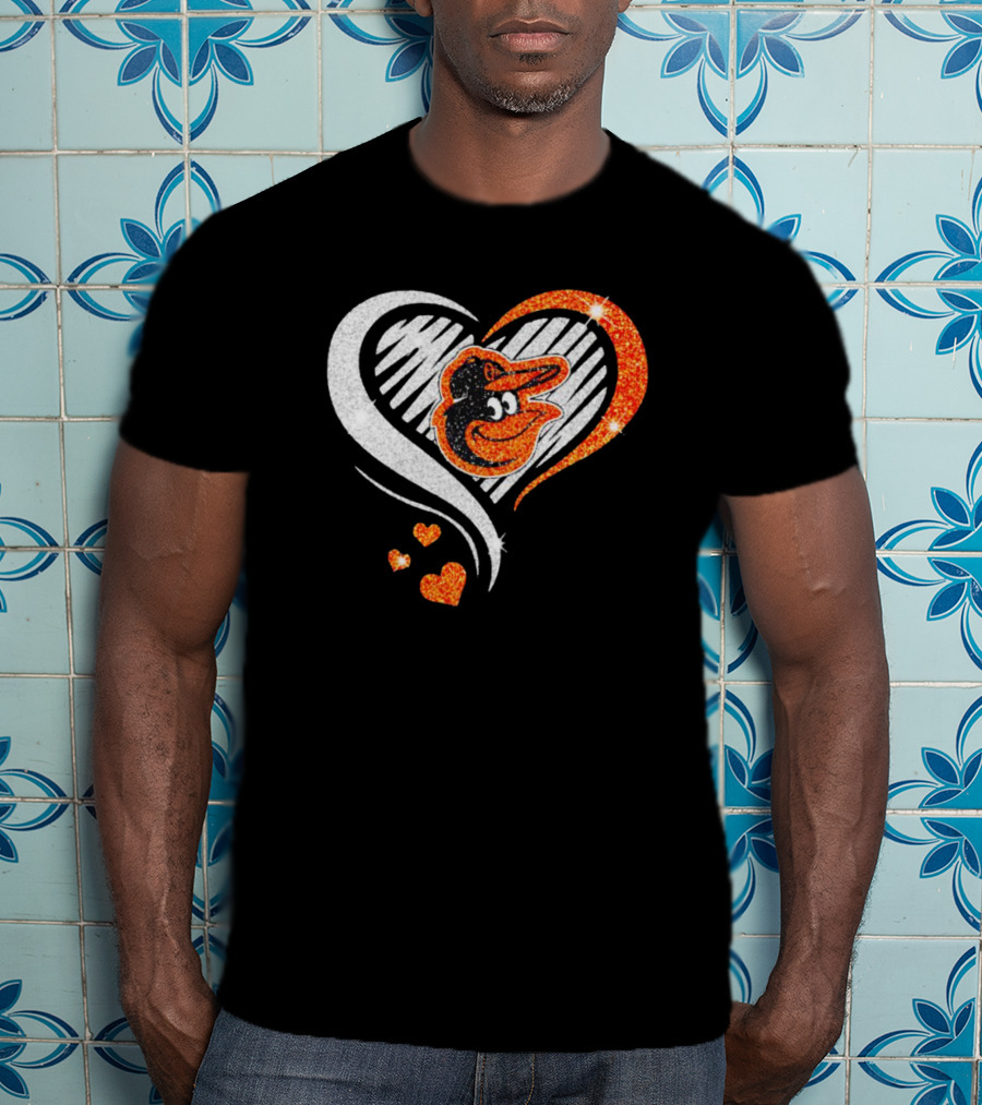 Baltimore Orioles Heart Shaped Logo With Orange Glitter Diamond T-Shirt