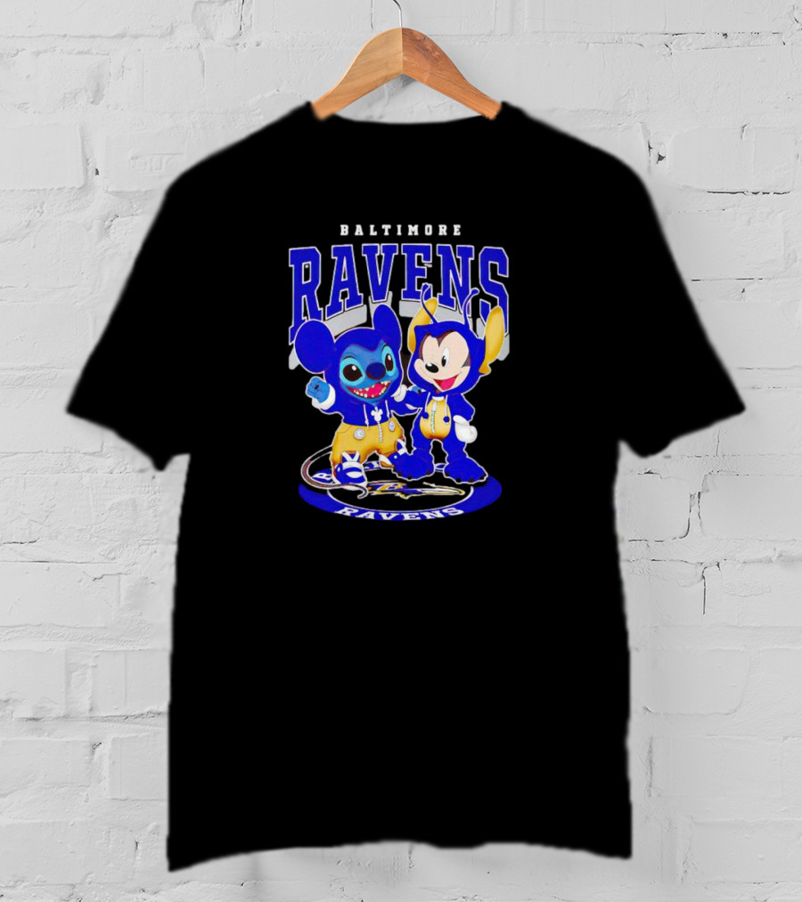Baltimore Ravens Stitch And Mickey Character Collaboration Football T-Shirt