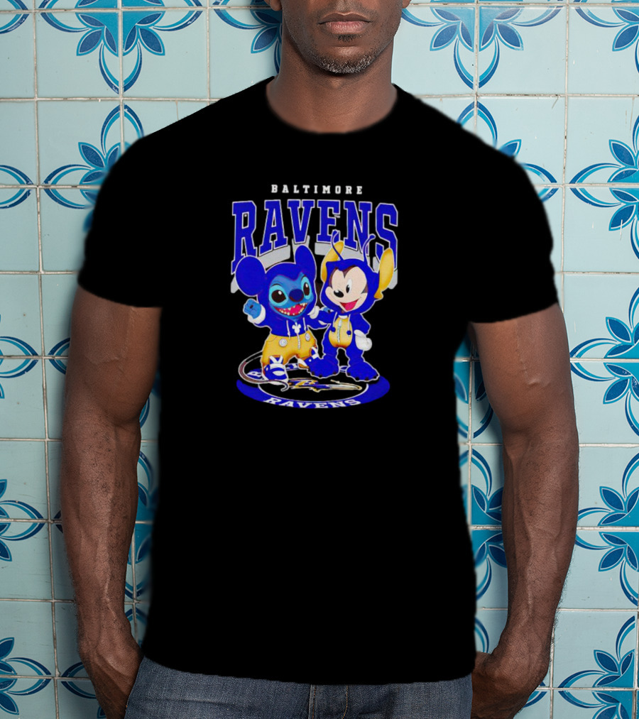 Baltimore Ravens Stitch And Mickey Character Collaboration Football T-Shirt
