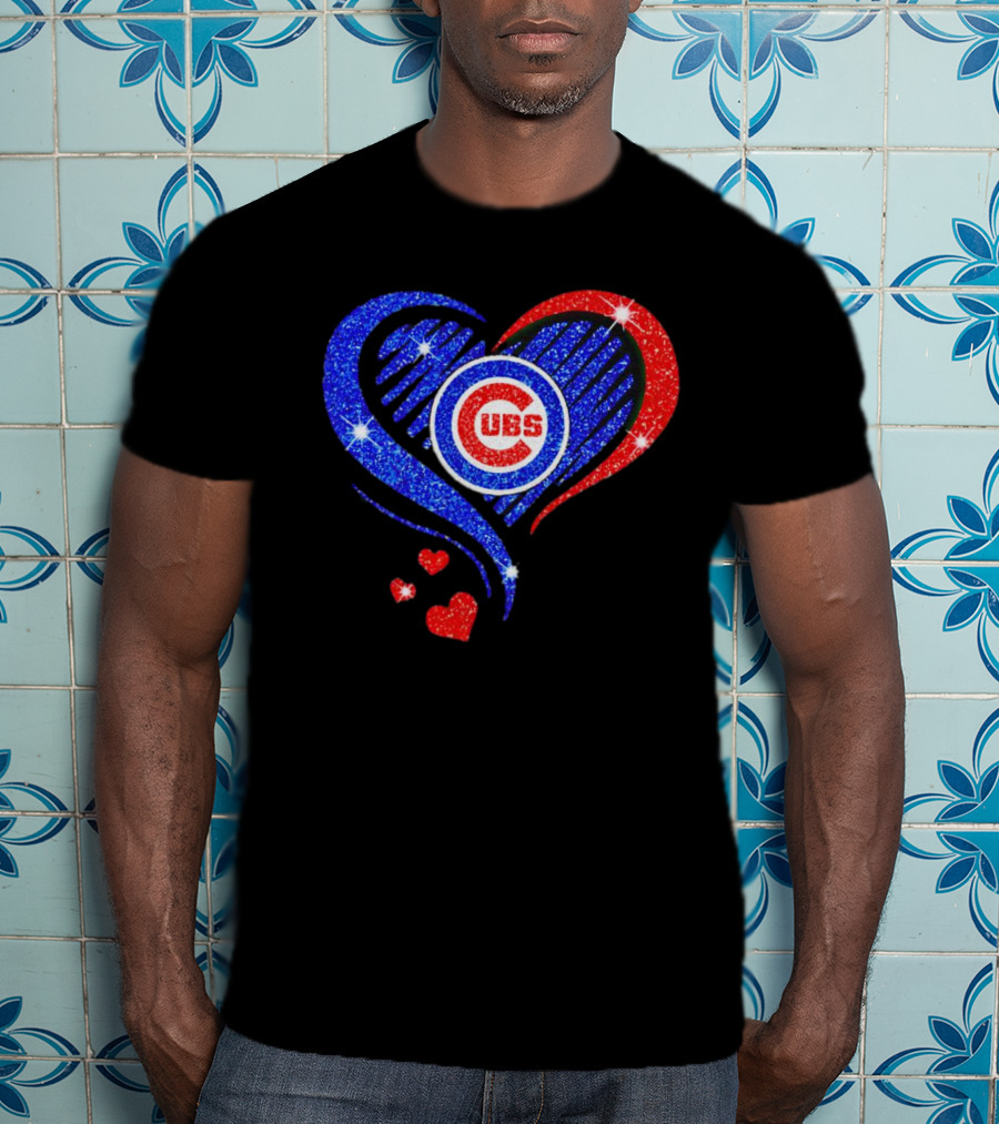 Chicago Cubs Glitter Heart Logo With Red And Blue Diamond T-Shirt