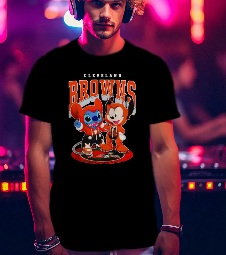 Cleveland Browns Mickey And Stitch Character Hoodie Fan T-Shirt