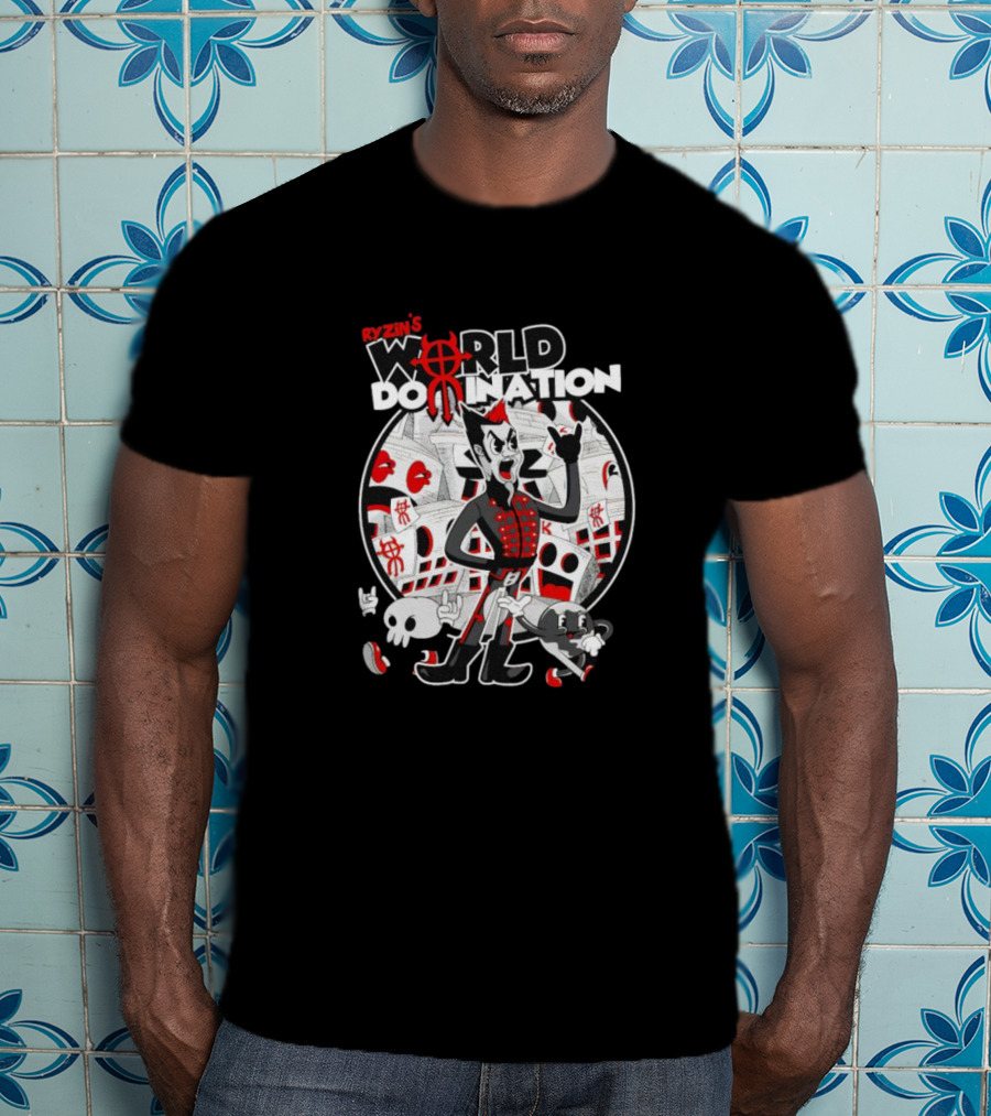 Ryzin's World Domination Cartoon Character Red And Black Motif T-Shirt