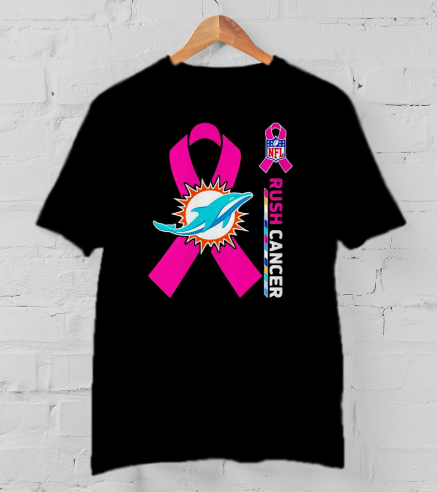 Miami Dolphins NFL Rush Cancer Pink Ribbon Emblem T-Shirt