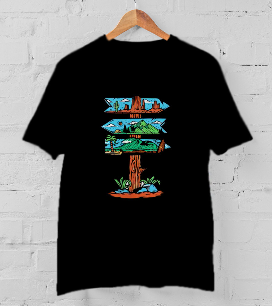 Not All Who Wander Are Lost Signpost Desert Mountains Beach Nature T-Shirt
