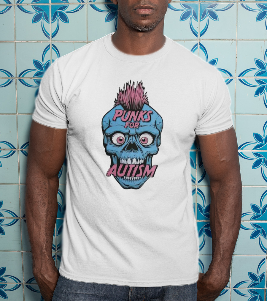 Punks For Autism Skull Blue Face Pink Hair T-Shirt
