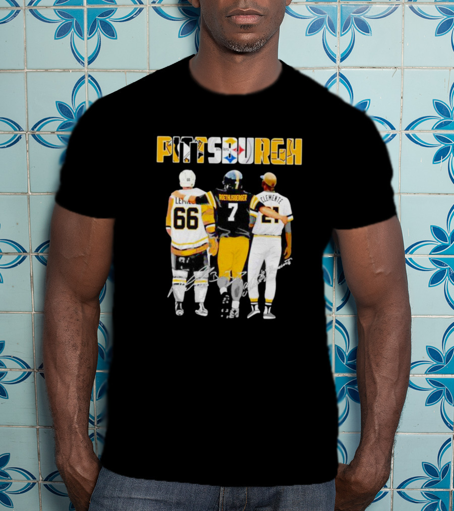 Pittsburgh Penguins Lemieux Steelers Roethlisberger Pirates Clemente Signature T-Shirt
