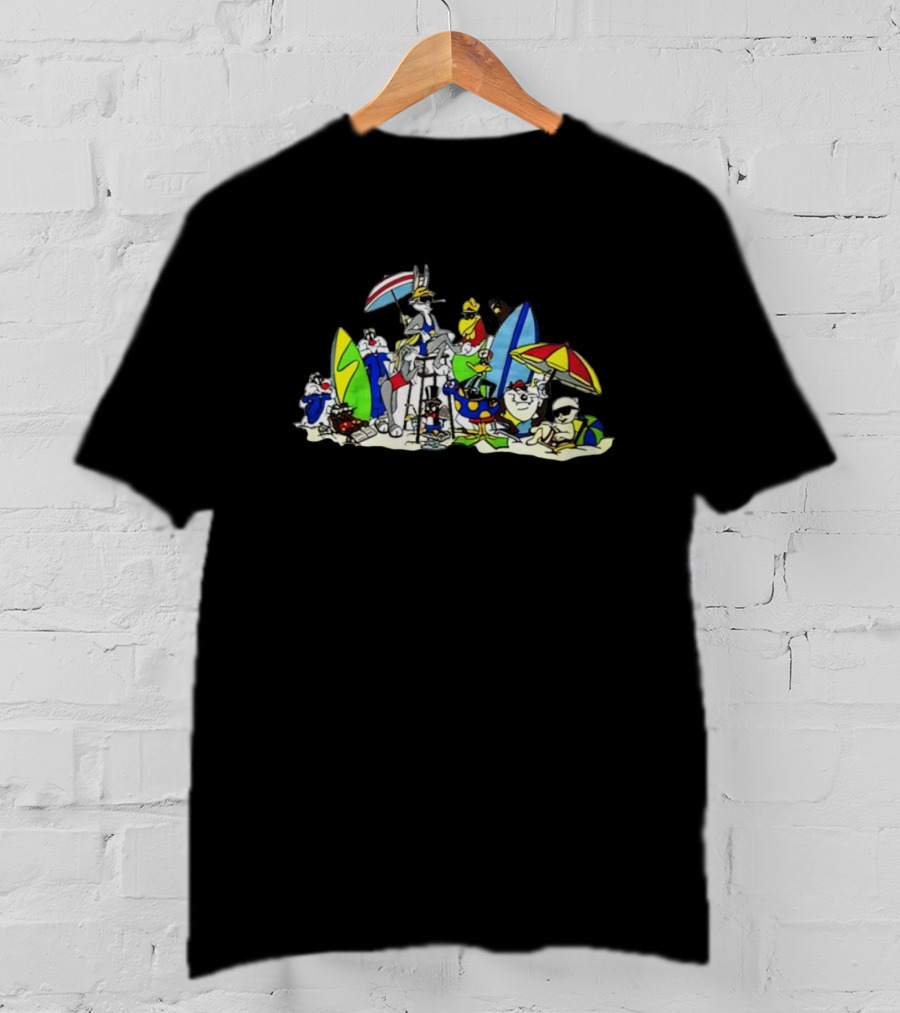 Looney Tunes Beach Scene Featuring Bugs Bunny And Friends With Surfboards And Umbrellas T-Shirt