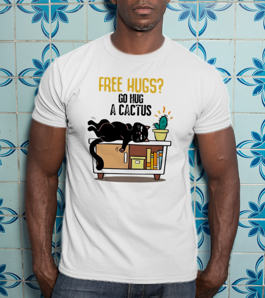 Free Hugs Go Hug A Cactus Cat On Shelf With Cactus And Books T-Shirt