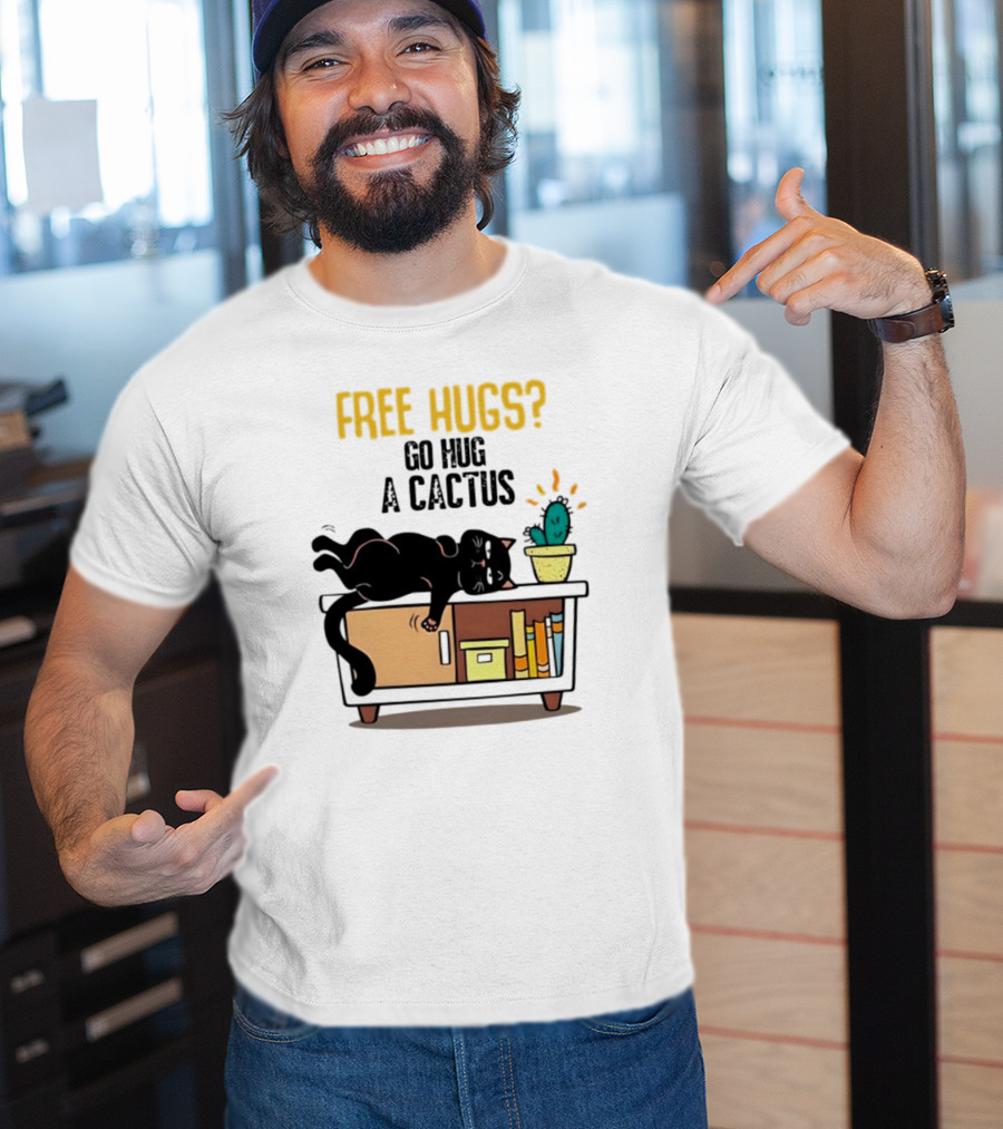 Free Hugs Go Hug A Cactus Cat On Shelf With Cactus And Books T-Shirt