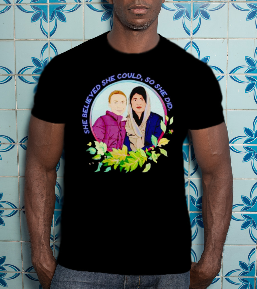 She Believed She Could So She Did Malala Yousafzai In Portrait With Flowers T-Shirt