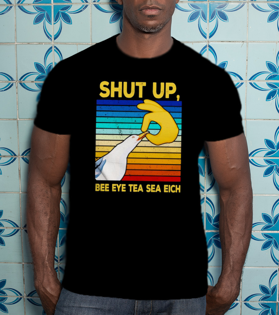 SHUT UP BEE EYE TEA SEA EICH Seagull Yellow Hand Rainbow Stripes T-Shirt
