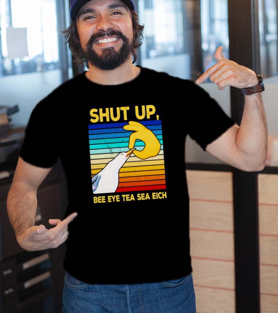 SHUT UP BEE EYE TEA SEA EICH Seagull Yellow Hand Rainbow Stripes T-Shirt
