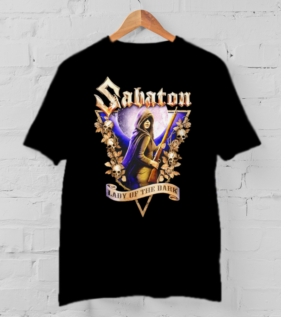 Sabaton Lady Of The Dark Hooded Figure With Floral Skull Motif T-Shirt