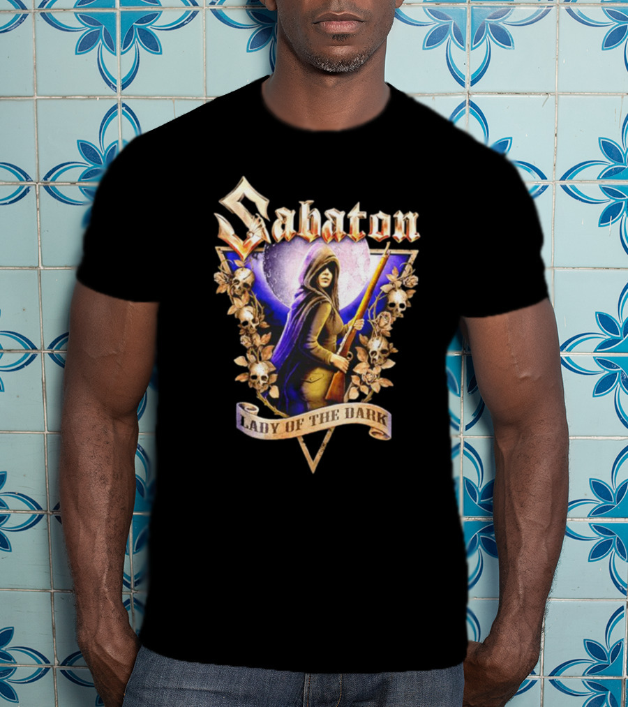 Sabaton Lady Of The Dark Hooded Figure With Floral Skull Motif T-Shirt