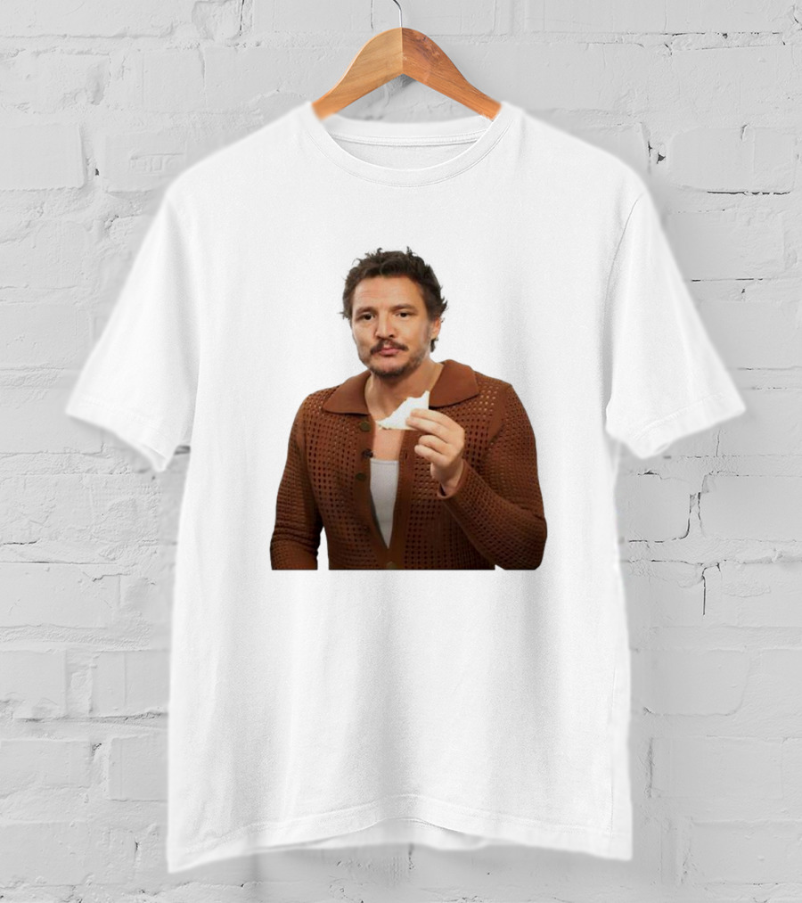 Pedro Pascal Holding Sandwich In Brown T-Shirt