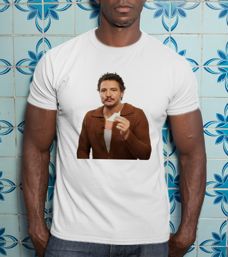 Pedro Pascal Holding Sandwich In Brown T-Shirt