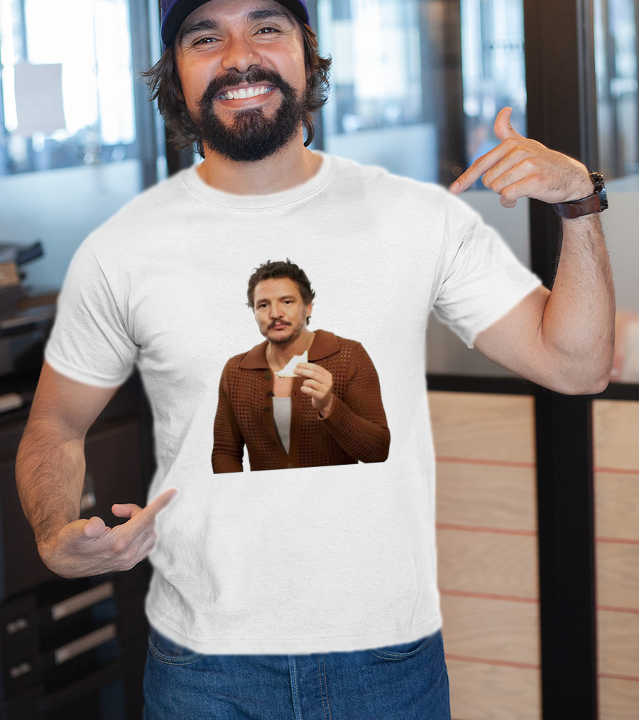 Pedro Pascal Holding Sandwich In Brown T-Shirt