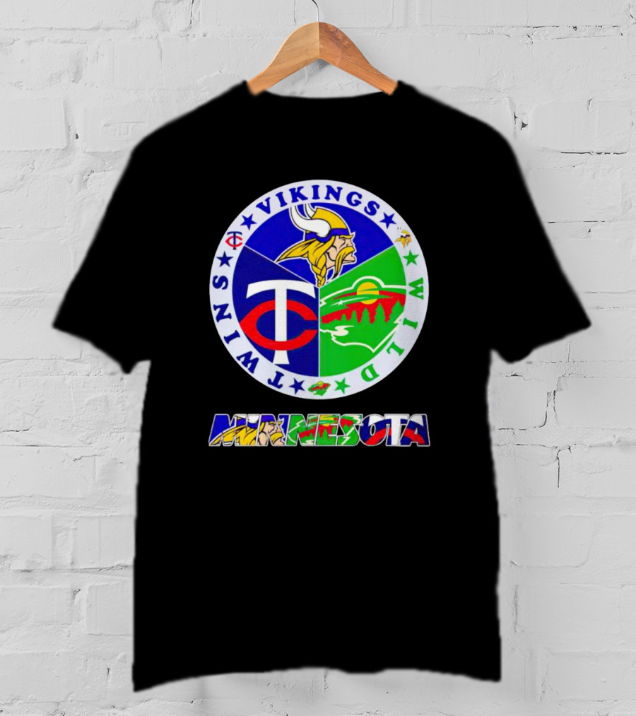 Minnesota Vikings Twins Wild Logos Circle And Colorful Minnesota Text T-Shirt