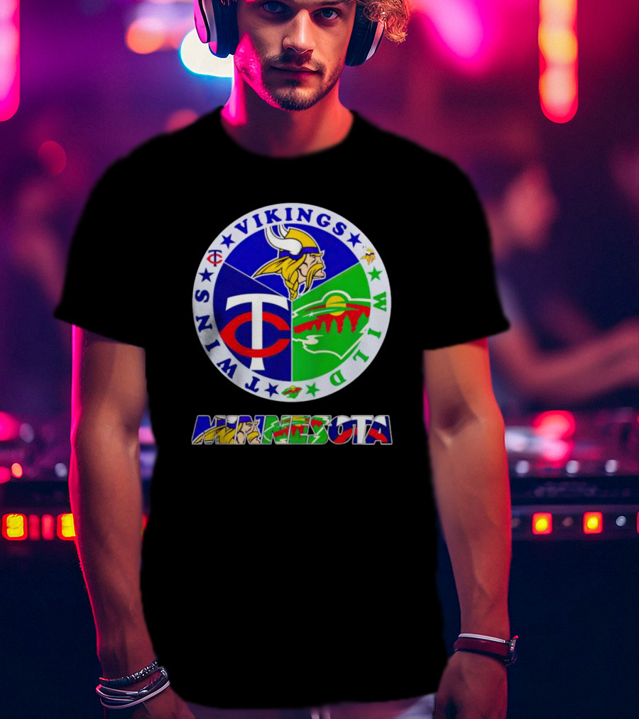 Minnesota Vikings Twins Wild Logos Circle And Colorful Minnesota Text T-Shirt