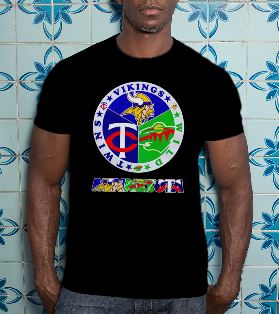 Minnesota Vikings Twins Wild Logos Circle And Colorful Minnesota Text T-Shirt